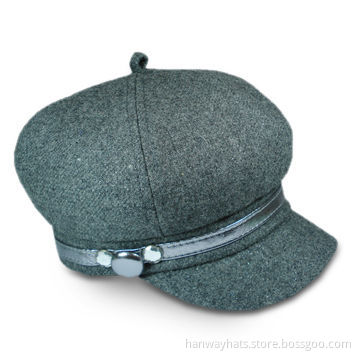 Girl's Gray Wool Blend Fashionable Cap, Little Loop on Top Center and Shiny Metallic PVC Band